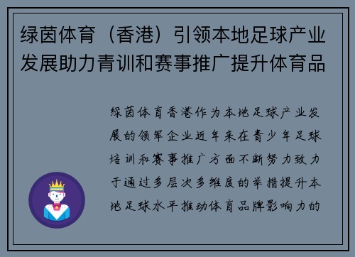 绿茵体育（香港）引领本地足球产业发展助力青训和赛事推广提升体育品牌影响力